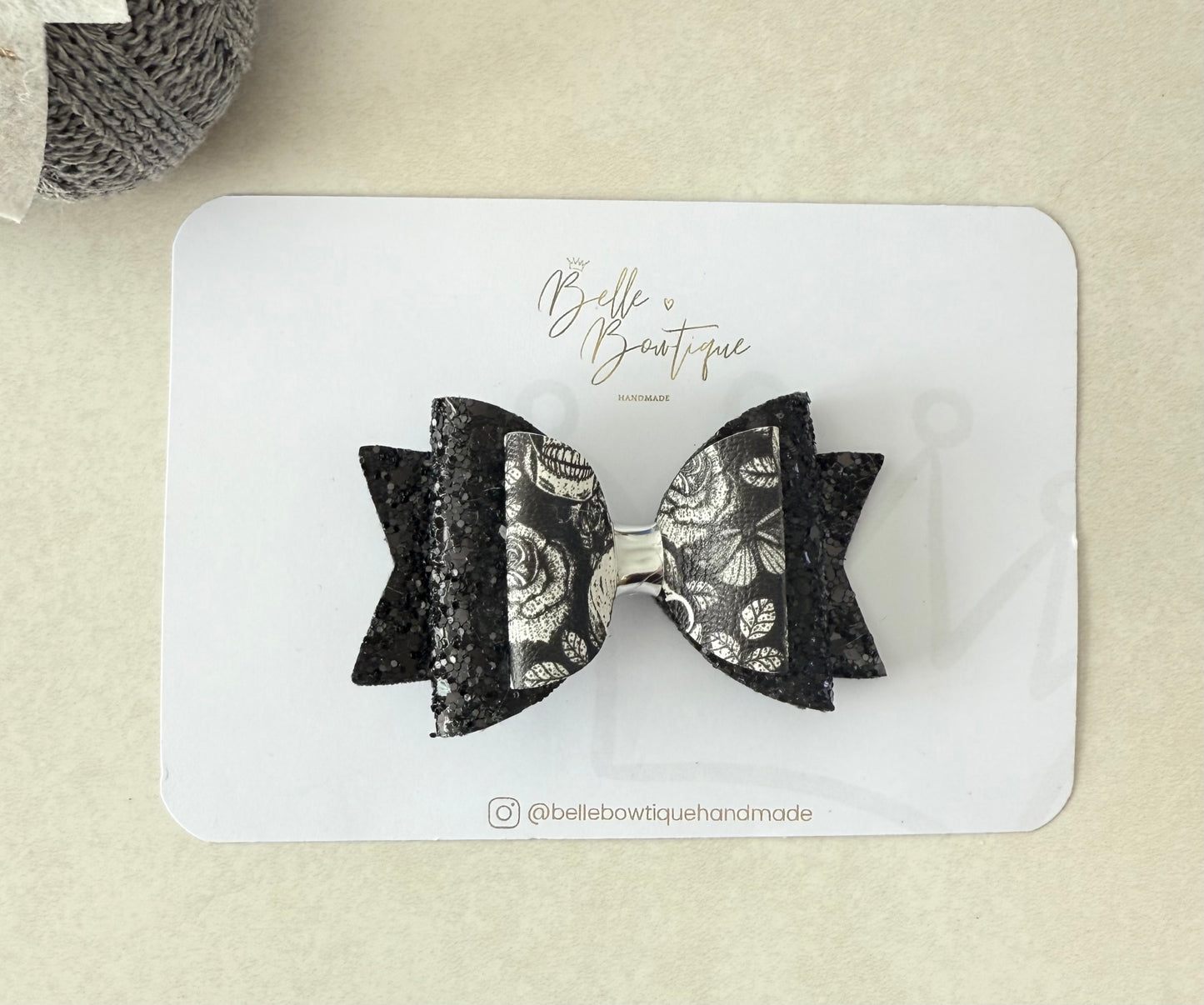 Black & White Halloween Hair Bow – Skull Print Bow with Black Chunky Glitter