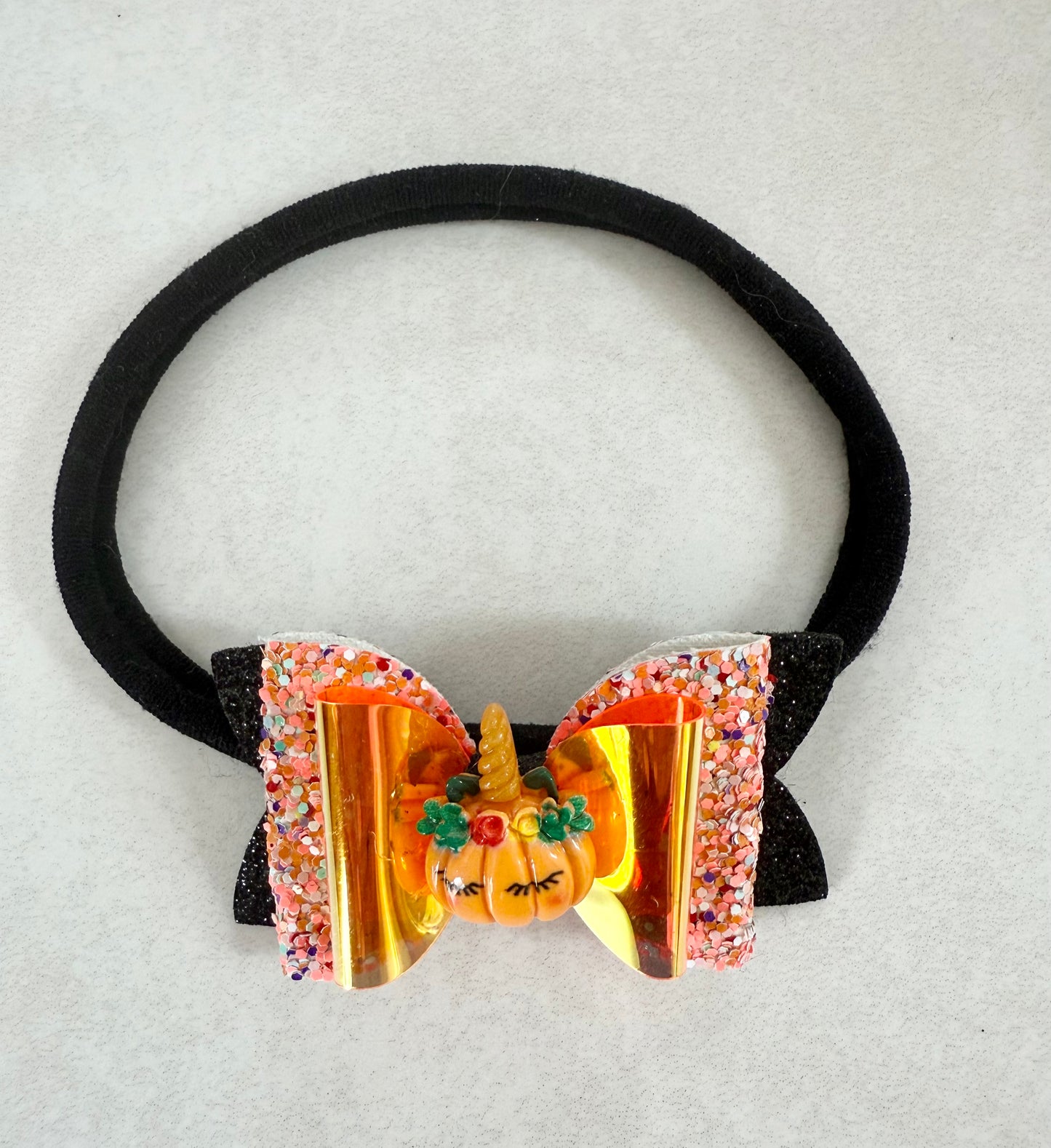 Halloween Sleepy Pumpkin Glitter Bow Headband
