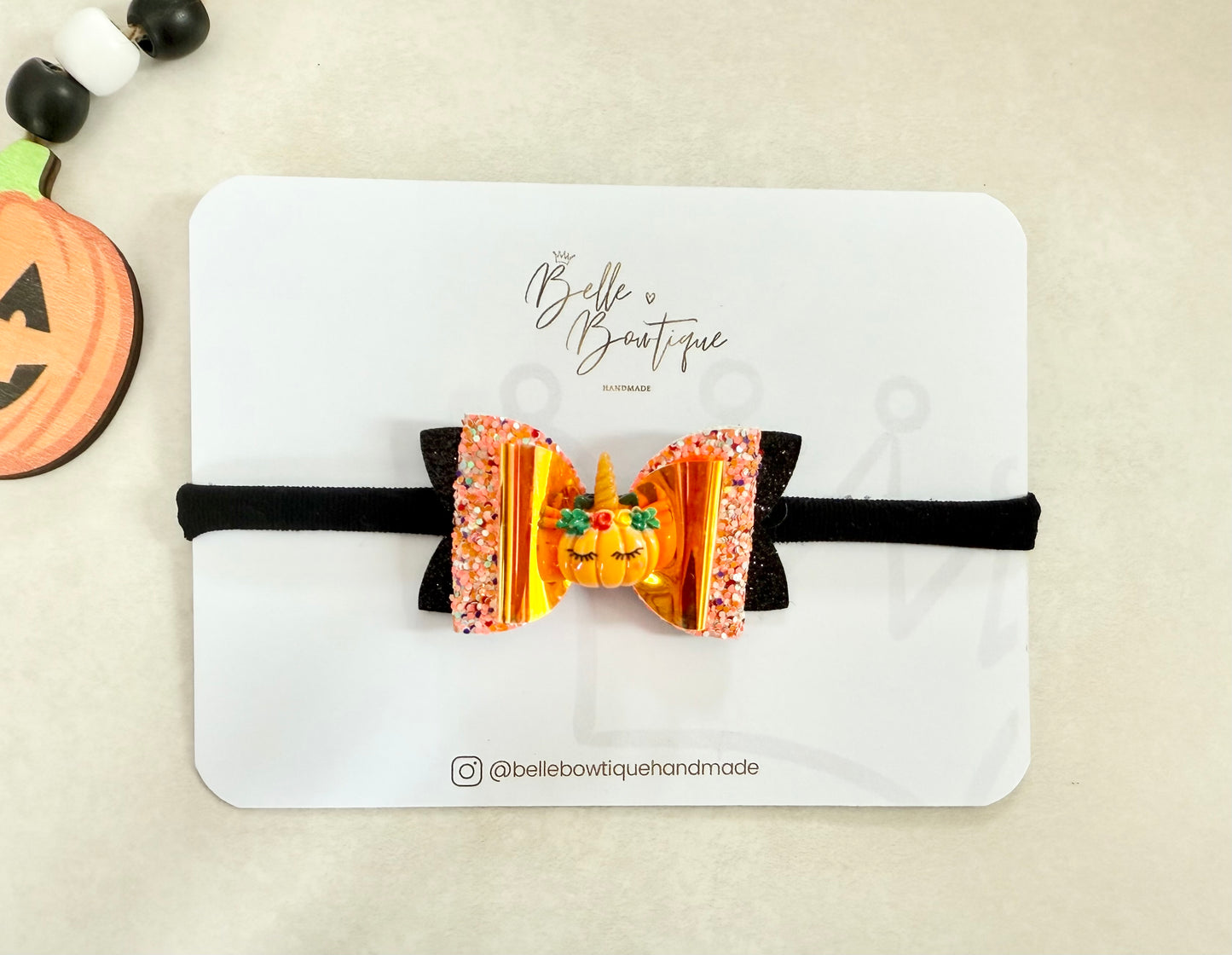 Halloween Sleepy Pumpkin Glitter Bow Headband