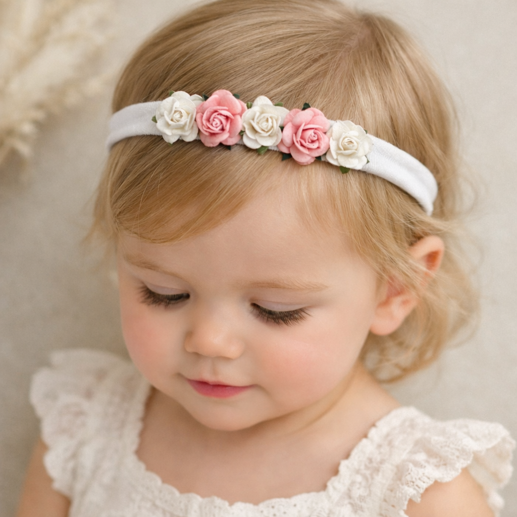 White and Pink Rose Baby Headband