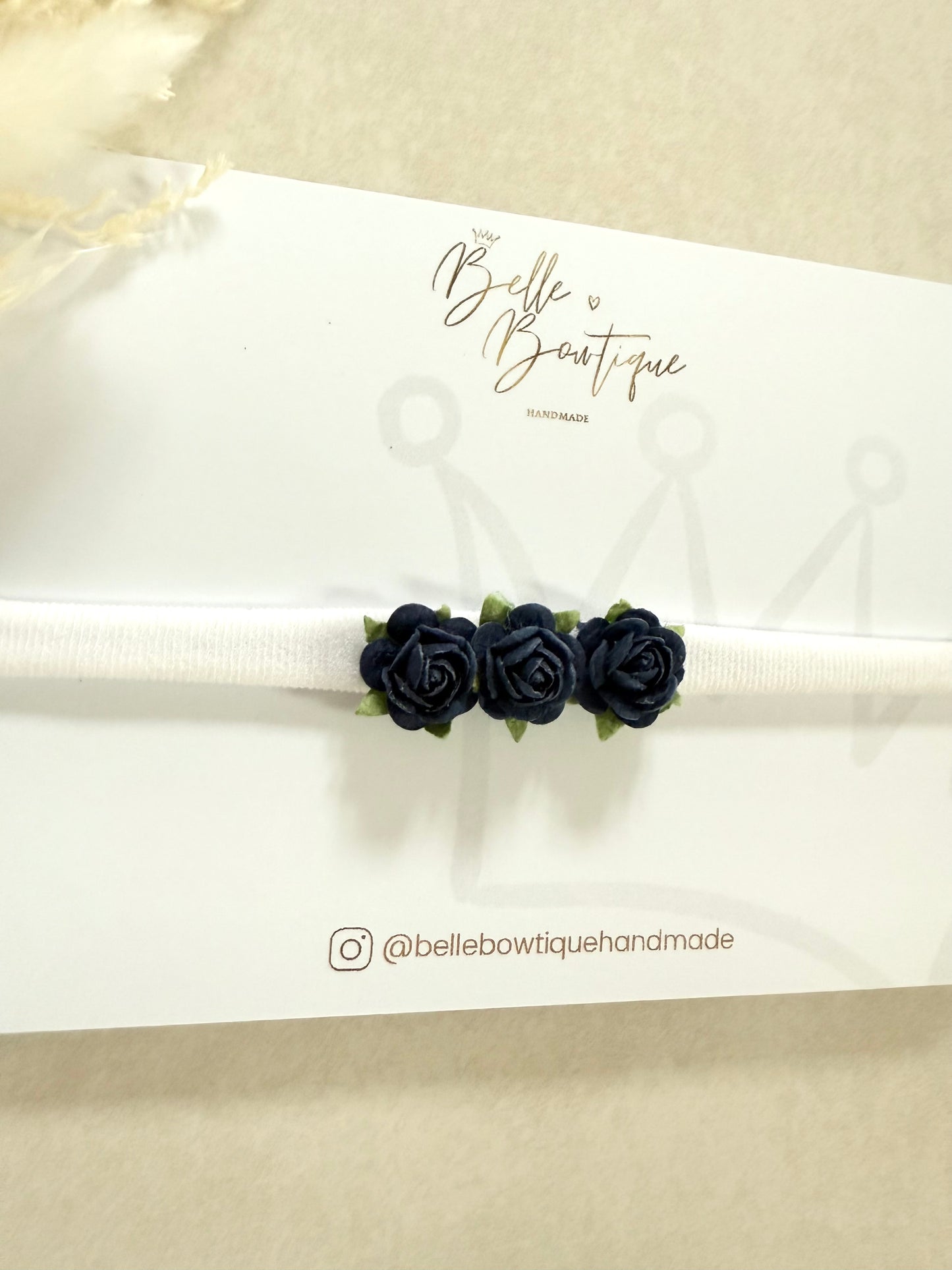 White & Navy Trio of Roses Headband