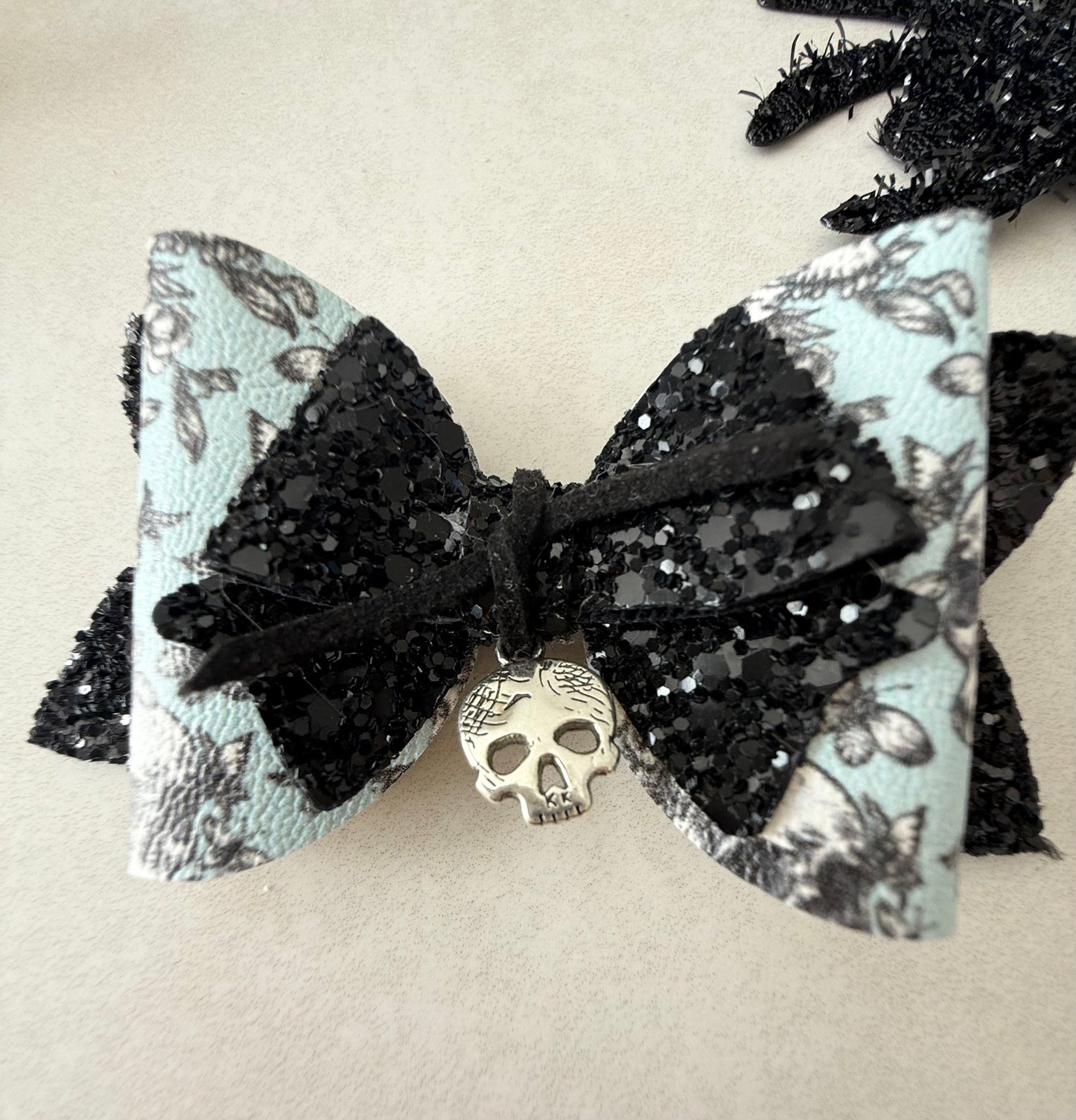 Black & Blue Halloween Bow Clip– Skull Print Bow with Charm