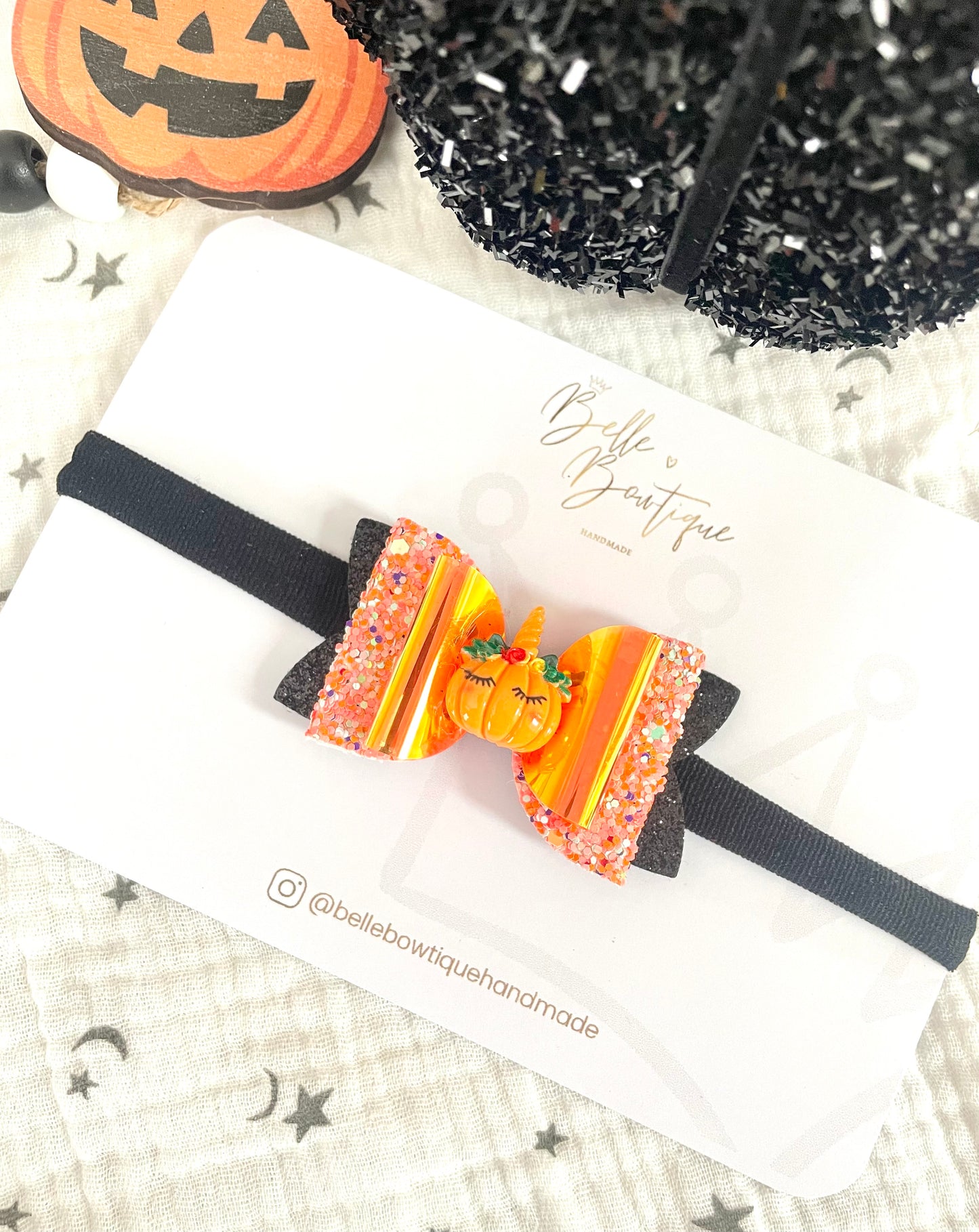 Halloween Sleepy Pumpkin Glitter Bow Headband