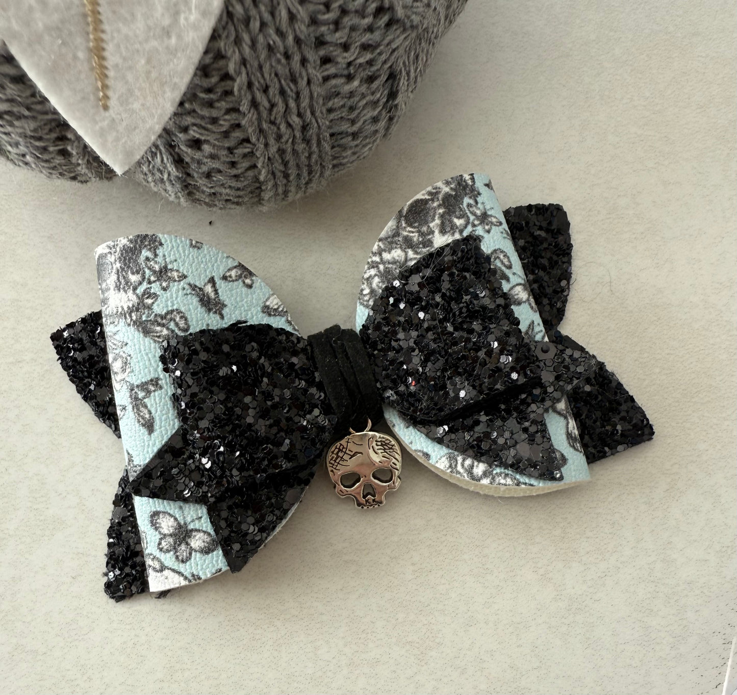 Black & Blue Halloween Bow Clip– Skull Print Bow with Charm