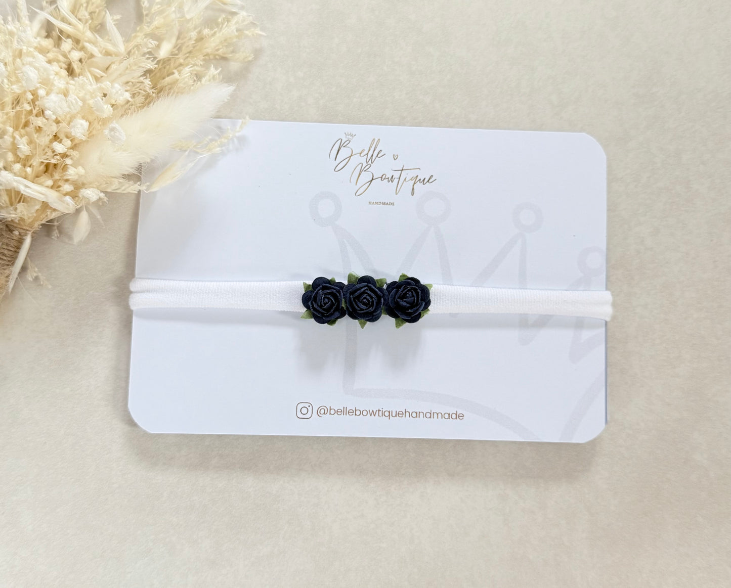 White & Navy Trio of Roses Headband