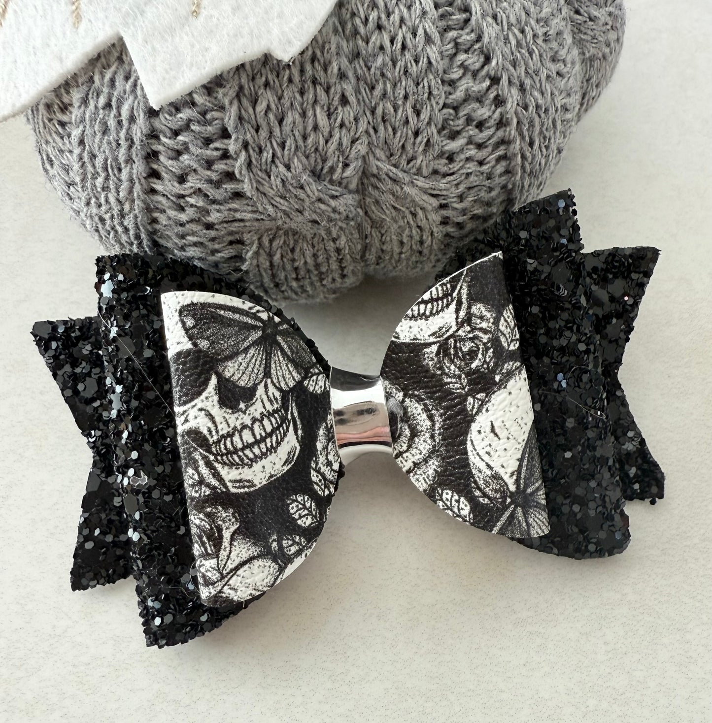 Black & White Halloween Hair Bow – Skull Print Bow with Black Chunky Glitter
