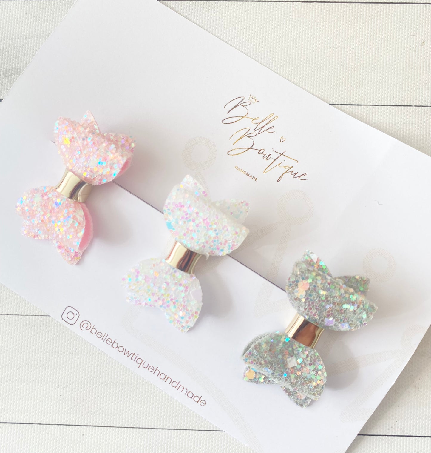 Trio Mini Hair Bows in Glitter White Pink Grey - 1.5 Inch