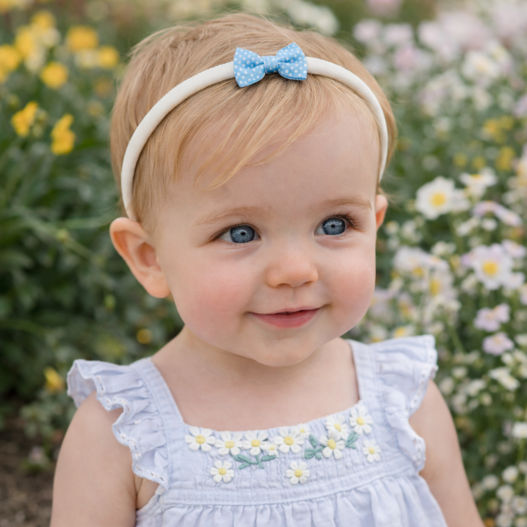 Blue and White Small Spotty Bow Headband