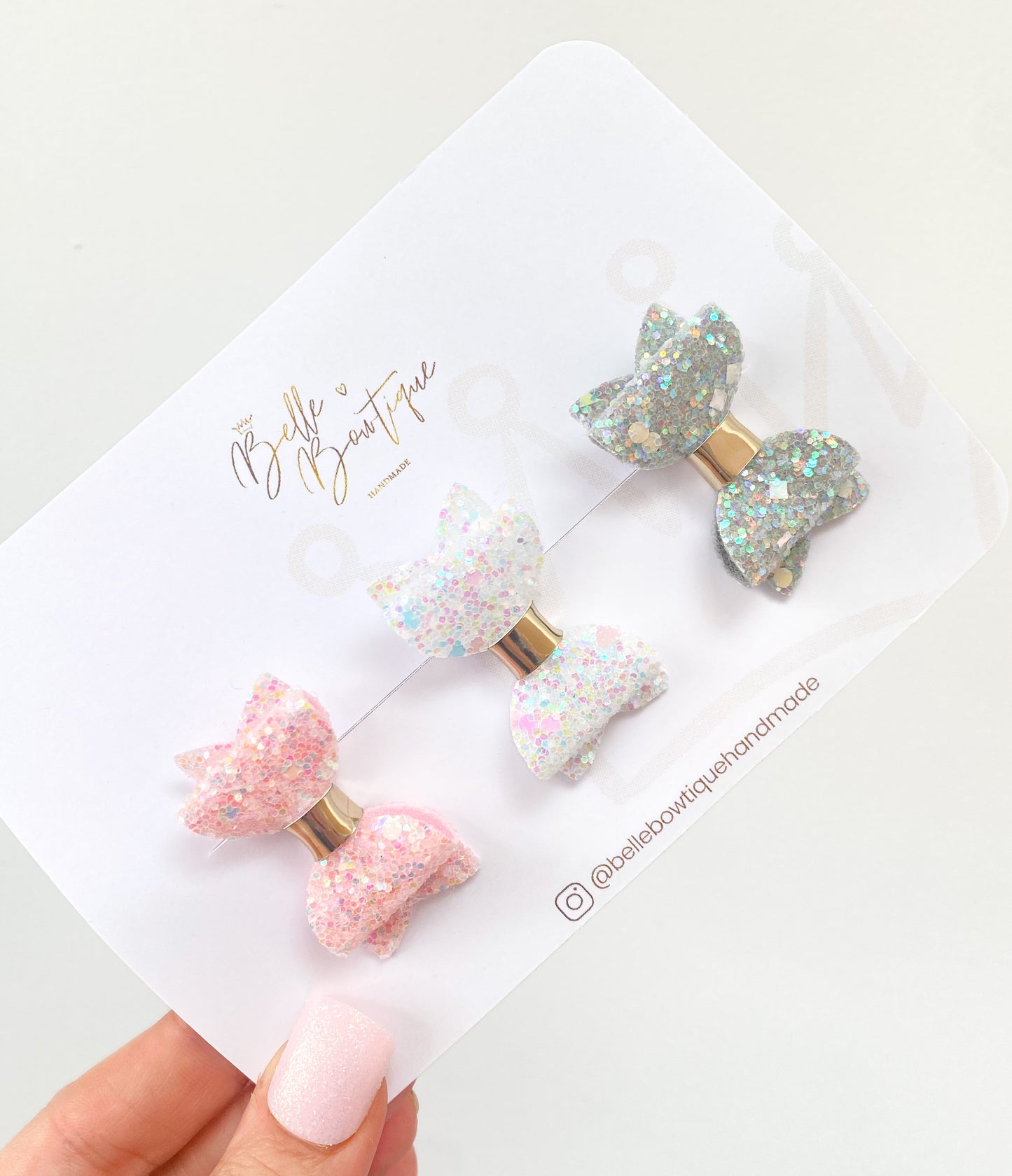 Trio Mini Hair Bows in Glitter White Pink Grey - 1.5 Inch