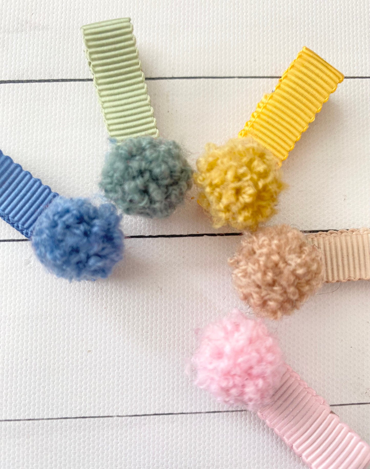 Ribbon pom pom fringe clips - toddler clips - baby hair clips - small ribbon clips - choose own colours - fully lined clips - mini clips