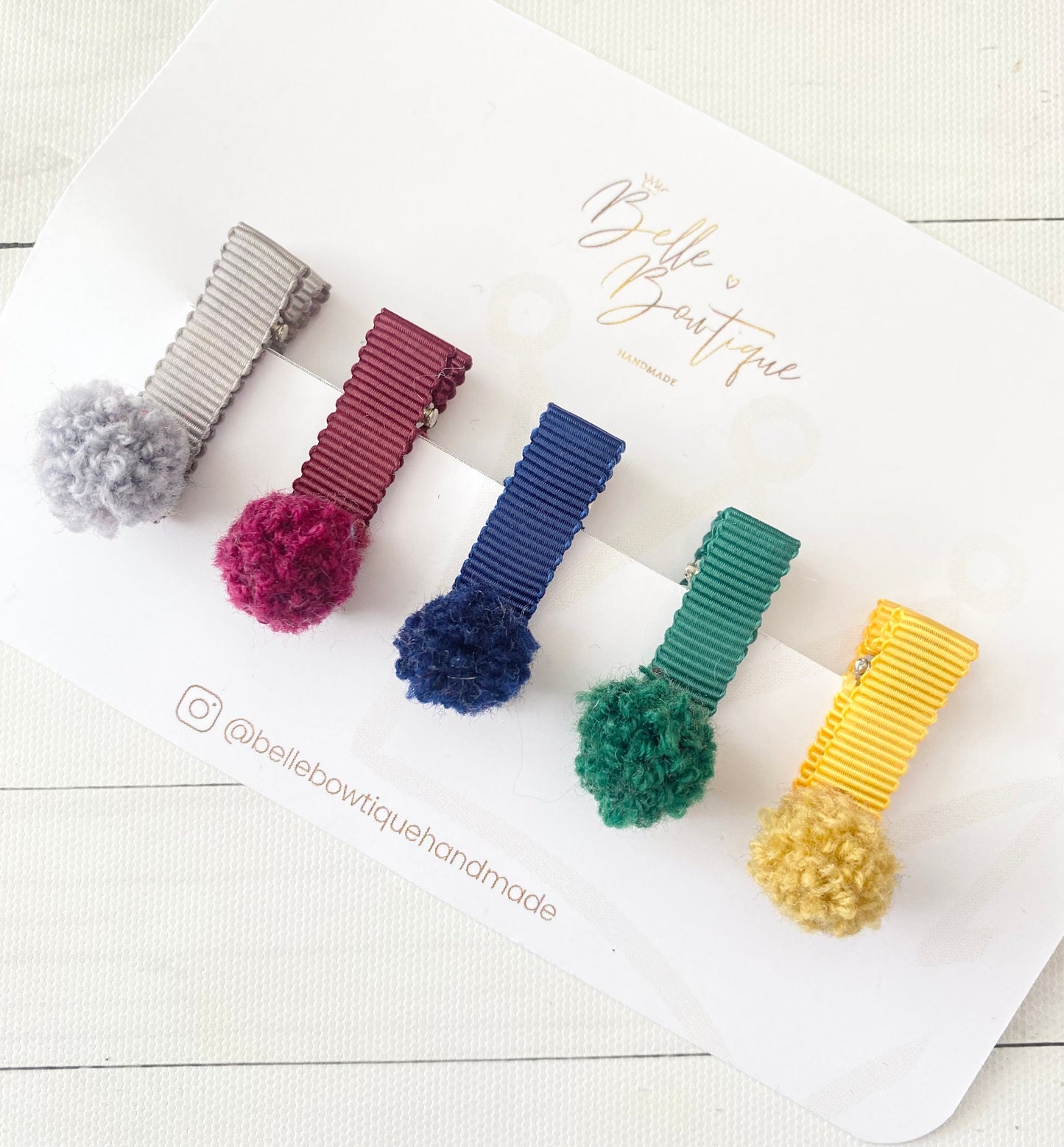 Ribbon pom pom fringe clips - toddler clips - baby hair clips - small ribbon clips - choose own colours - fully lined clips - mini clips