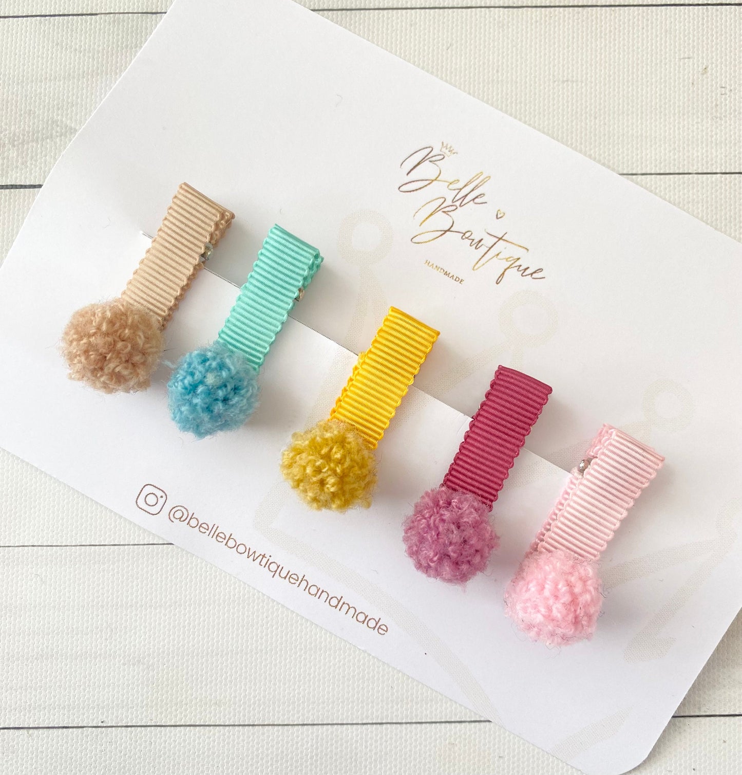 Ribbon pom pom fringe clips - toddler clips - baby hair clips - small ribbon clips - choose own colours - fully lined clips - mini clips