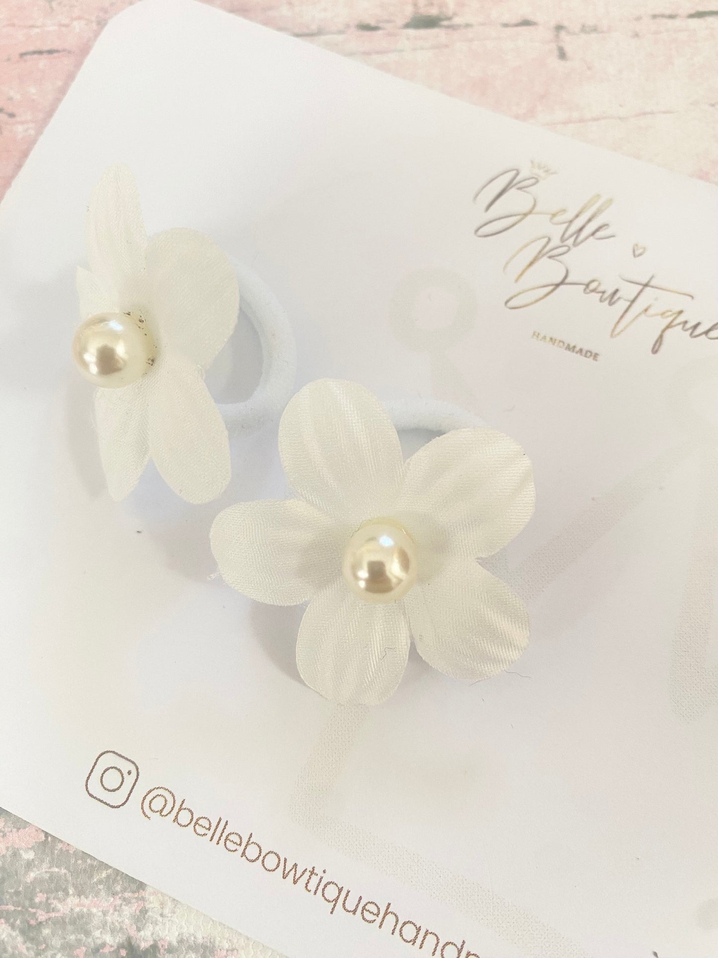 White Flower Hair Bobbles - Hair Ties - Pigtail Elastics - Piggy Bows - Pair of Toddler Hair Bobbles - Pink Flower - Girls Hair Accessories