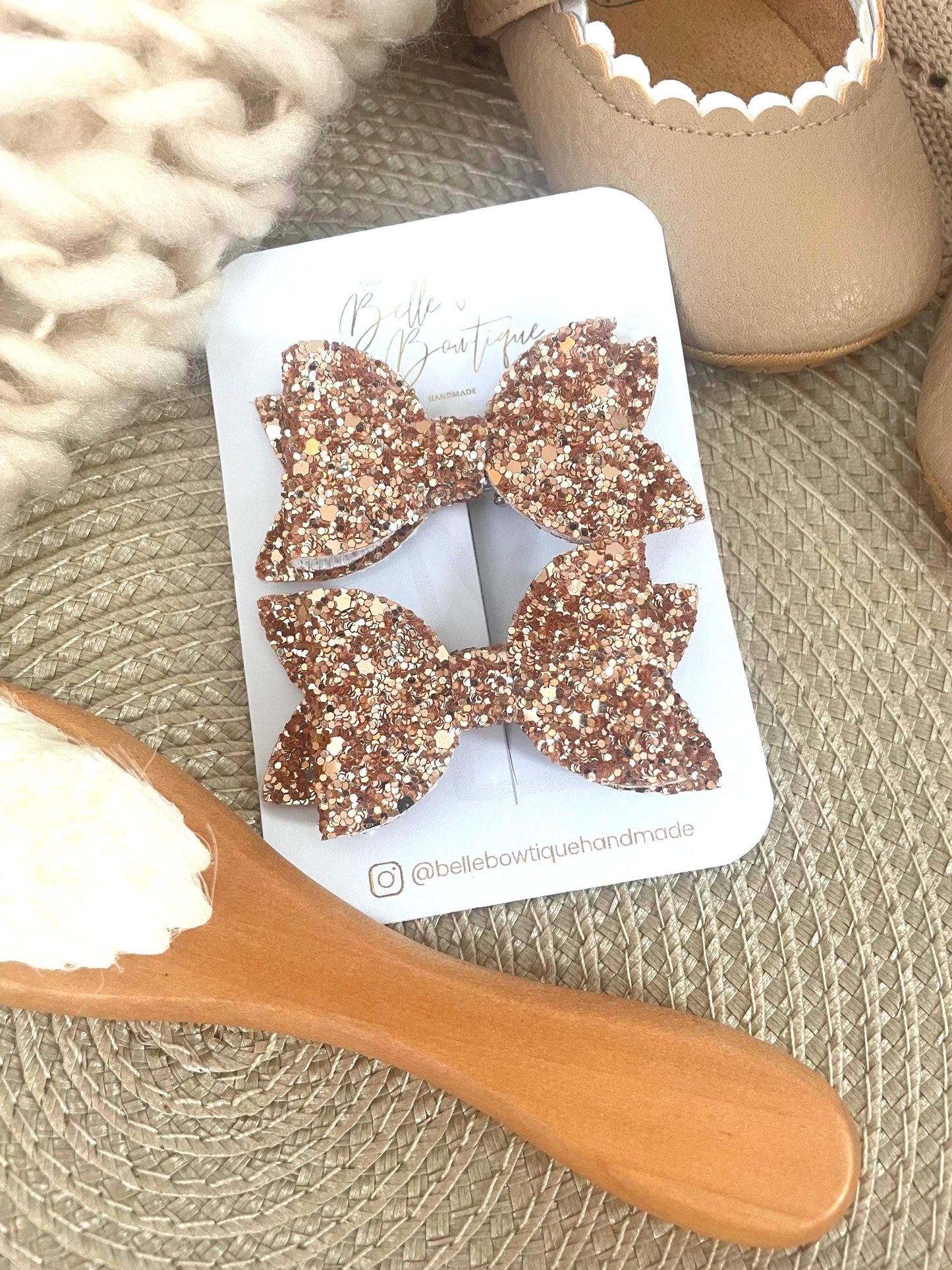 Rose Gold Bow Clips - Hair Clips - Pigtail Clips - Piggy Bow - Fringe Clips - Glitter Clips- Baby Bows - Hair Clips - Girls Hair Accessories