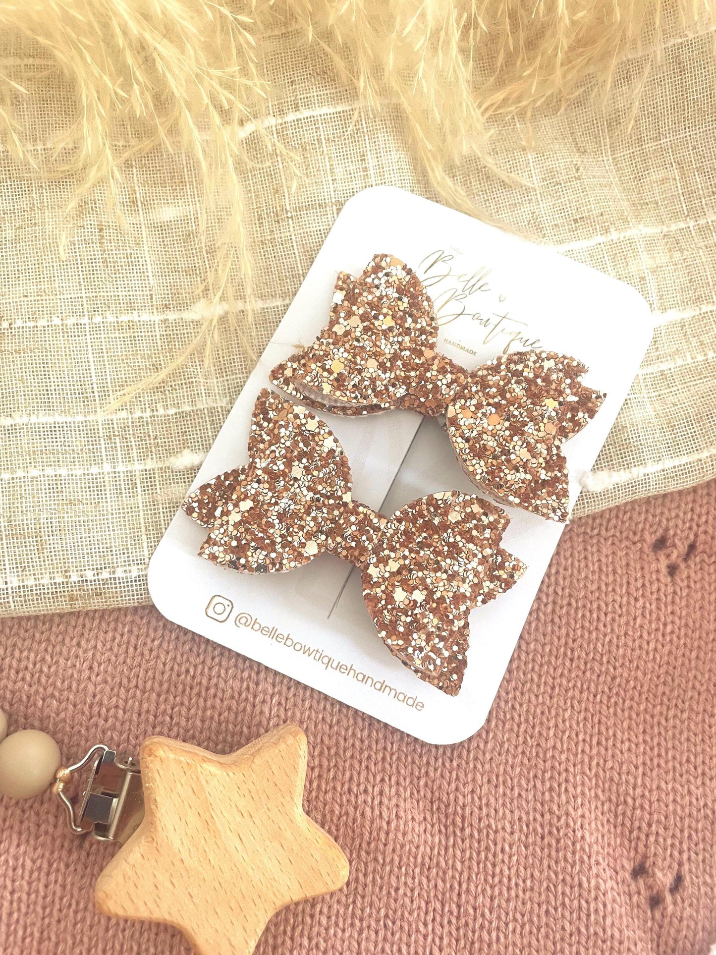 Rose Gold Bow Clips - Hair Clips - Pigtail Clips - Piggy Bow - Fringe Clips - Glitter Clips- Baby Bows - Hair Clips - Girls Hair Accessories