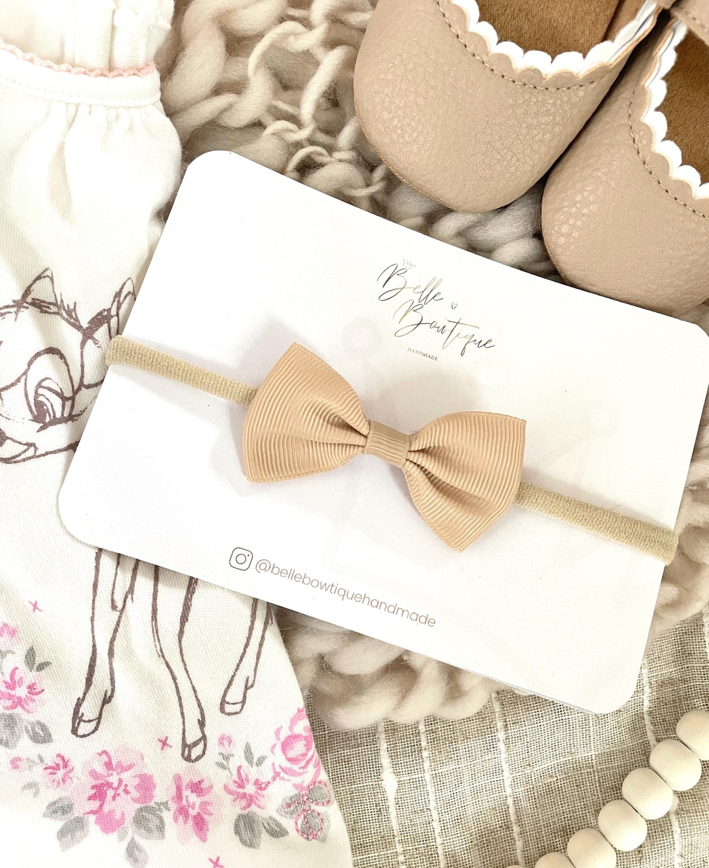 Beige Grosgrain ribbon headband nylon dainty headband baby headband baby girl headband basic neutral newborn headband