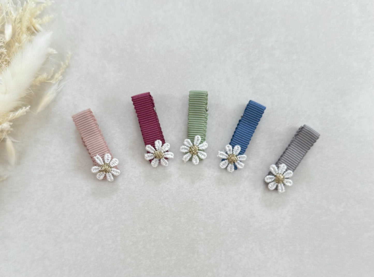 Fully Lined Flower Ribbon Fringe Clips, Small Soft Clips, Mini Fringe Clips for Toddlers and Babies , Small Hair Clips, Clip pack of 5