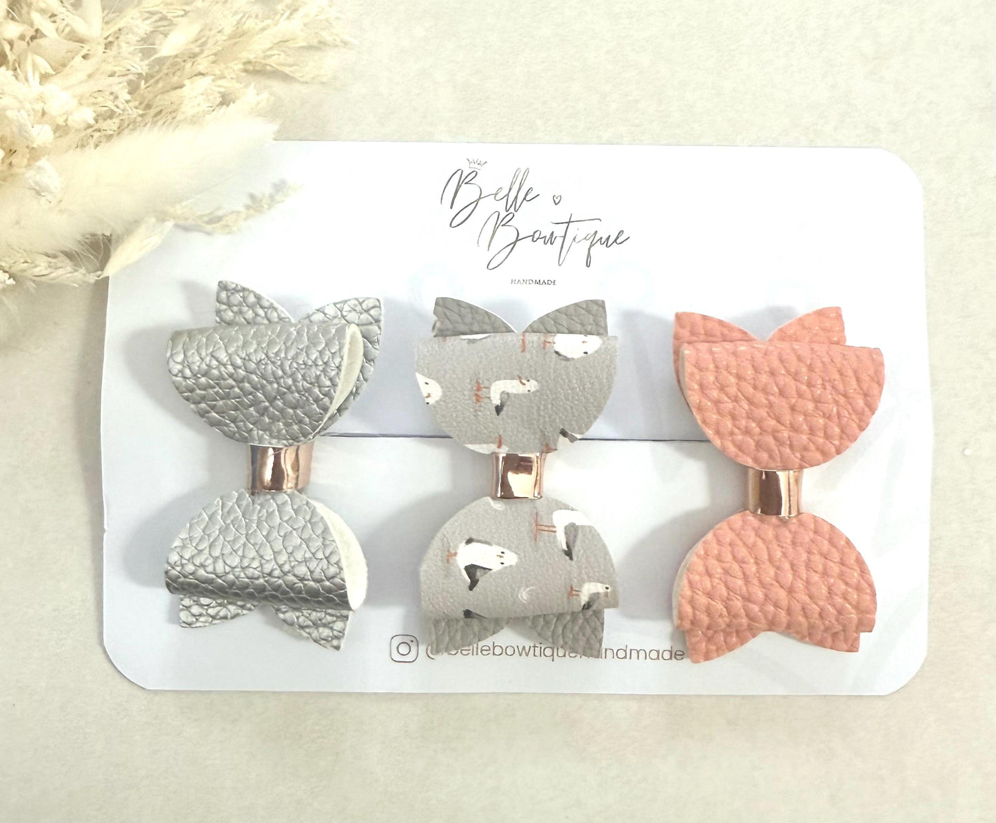Handmade Hair Bow clip set for Girls and Toddlers in silver, peach and Seagull bird set of 3