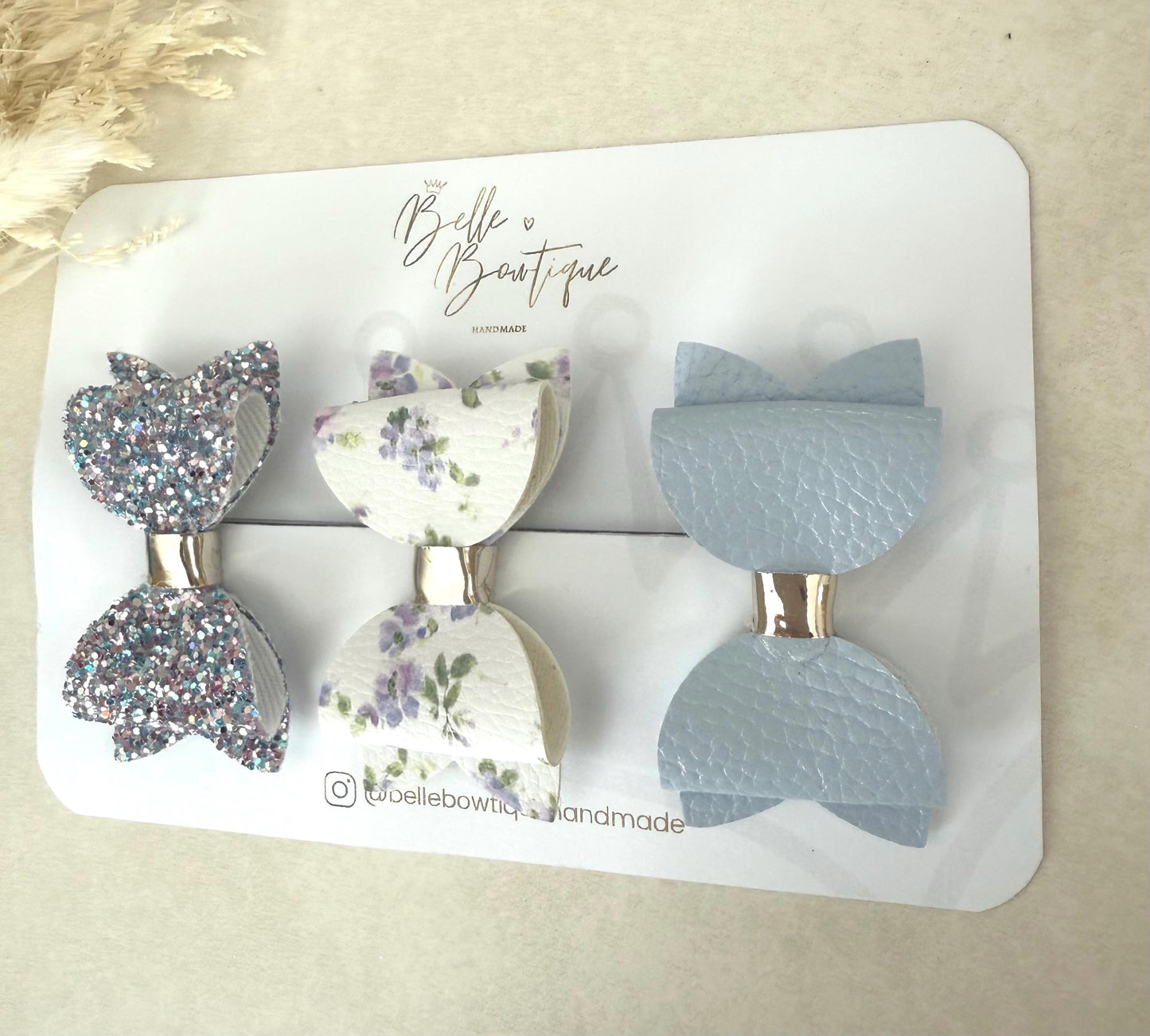 Girls Hair Clip Barrette Fringe Bow Clips Mint Floral Dusky Blue Small Bow- Mini Clip