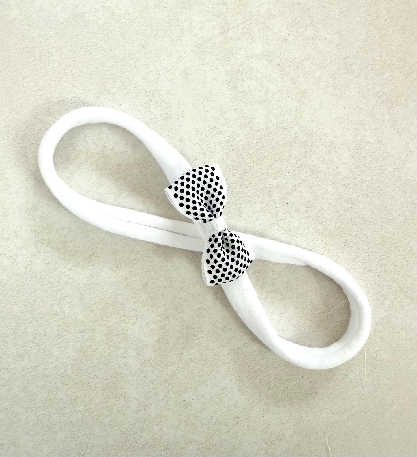 White Bow with Black Polka Dots headband nylon dainty headband baby headband baby girl headband white headband