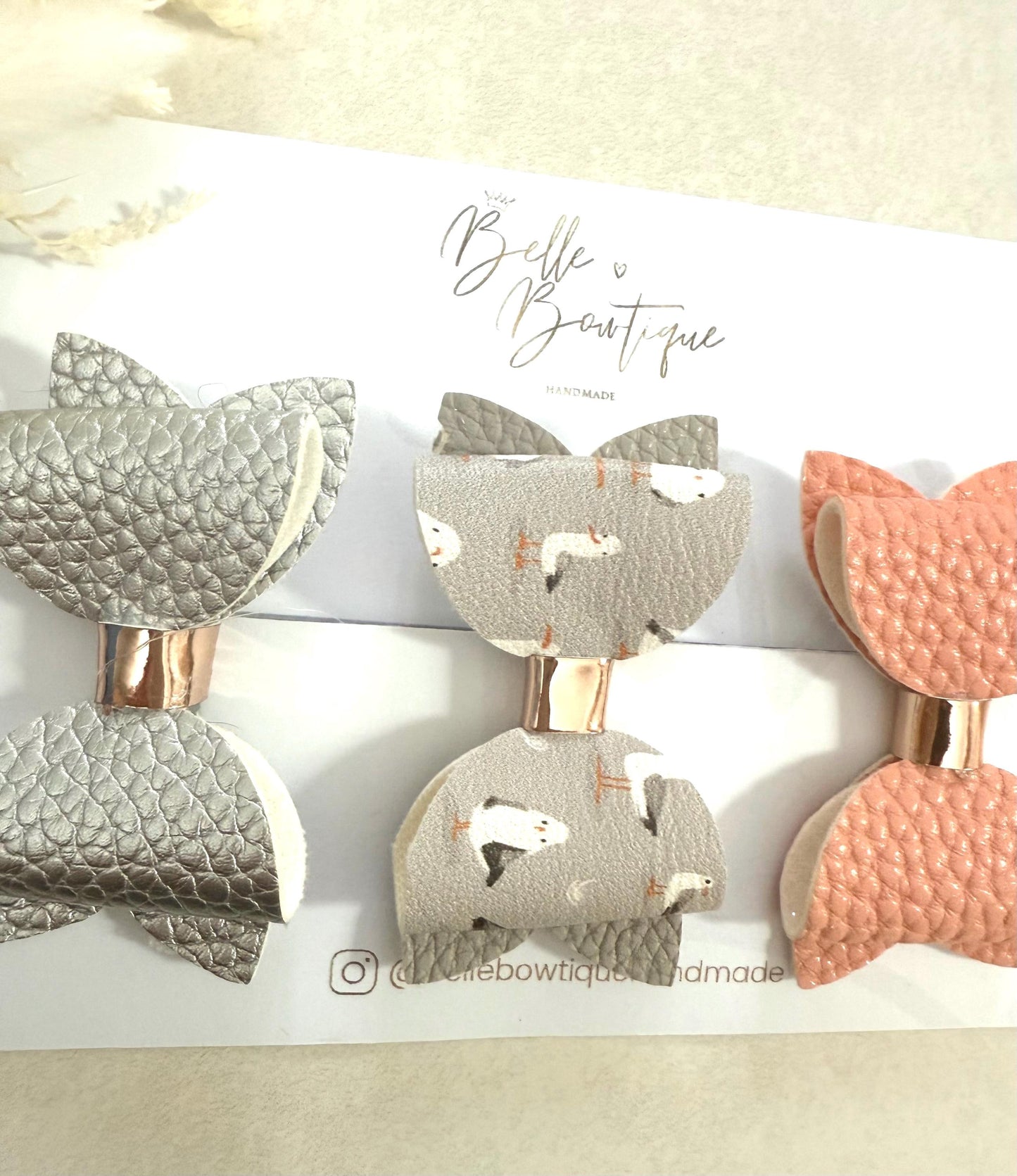 Handmade Hair Bow clip set for Girls and Toddlers in silver, peach and Seagull bird set of 3
