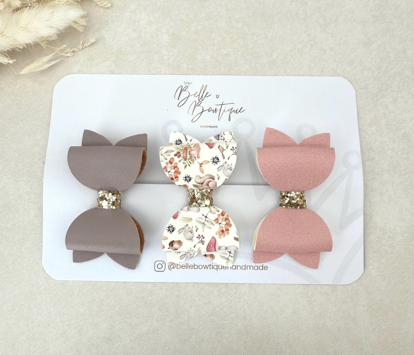 Handmade Hair Bow clip set for Girls and Toddlers in pink, mauve and autumn print fabric set of 3