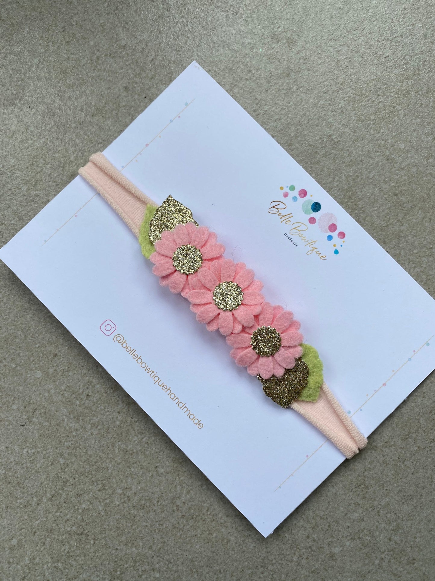 Pink Daisy Felt Flower with Gold Sparkle Centre Headband