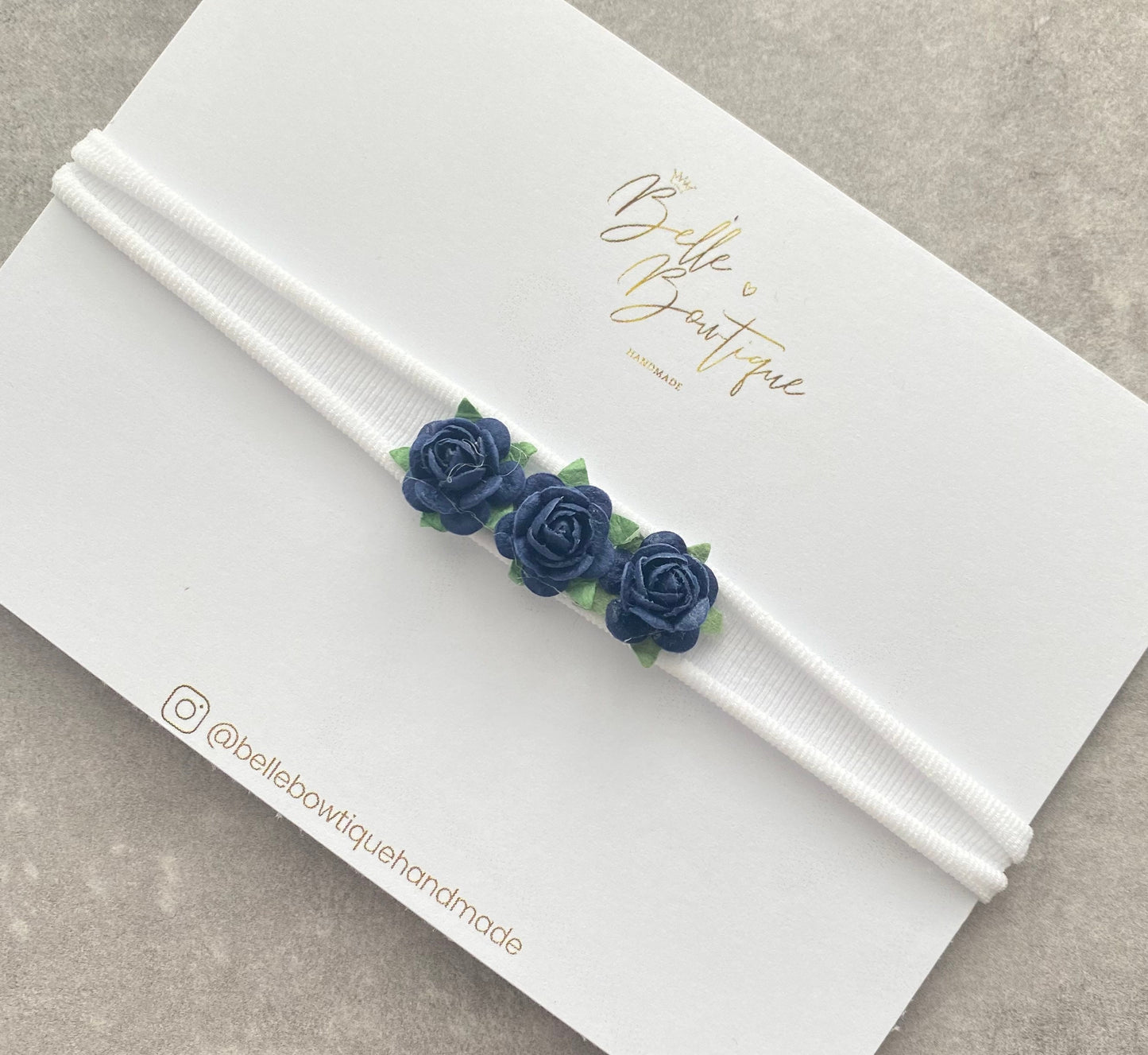 White & Navy Trio of Roses Headband