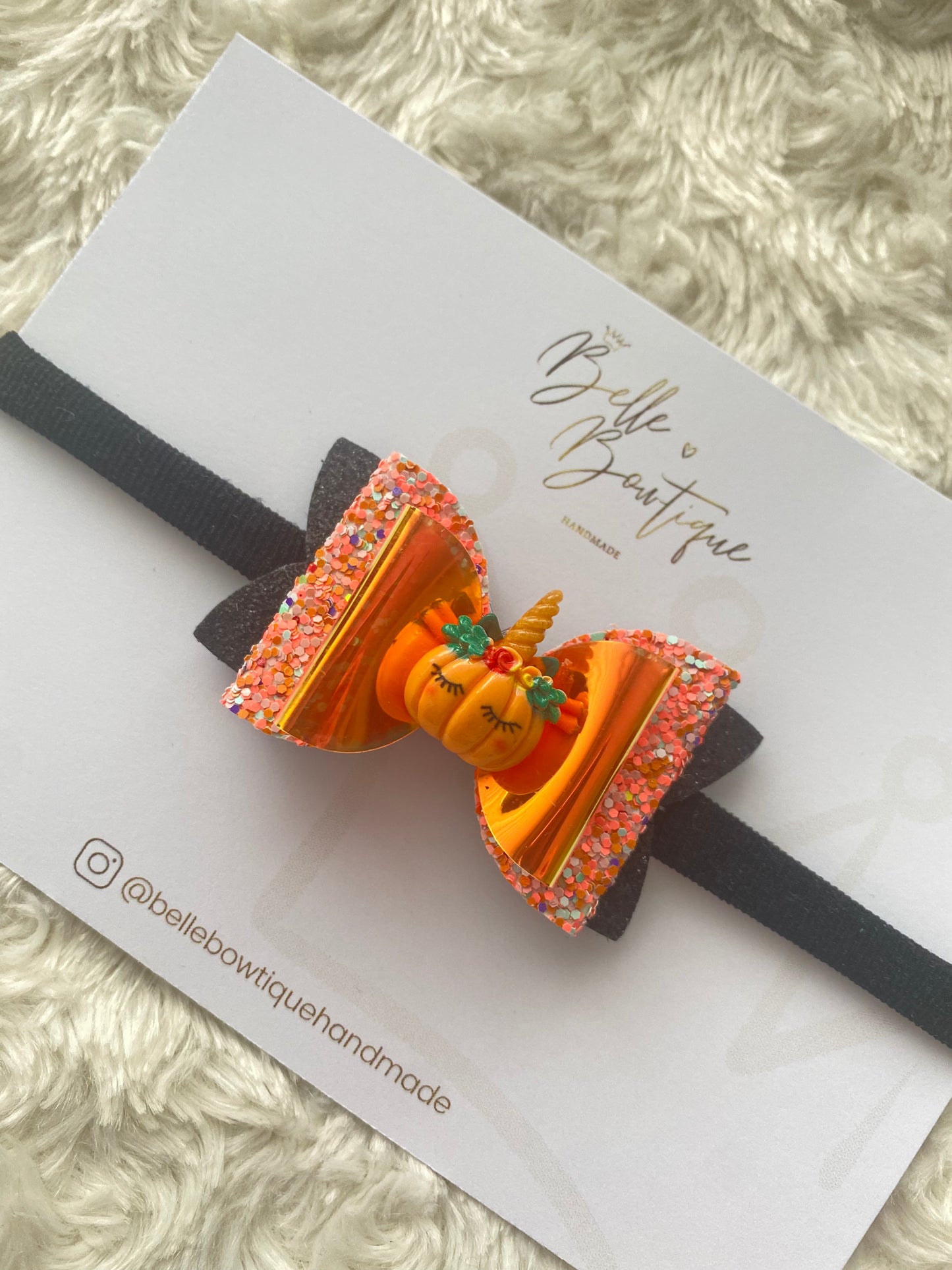 Halloween Sleepy Pumpkin Glitter Bow Headband