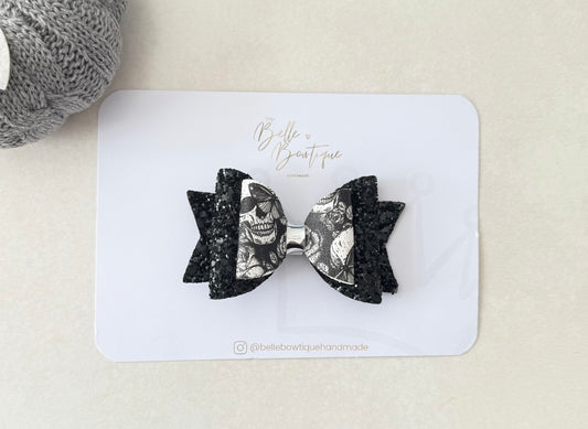 Black & White Halloween Hair Bow – Skull Print Bow with Black Chunky Glitter