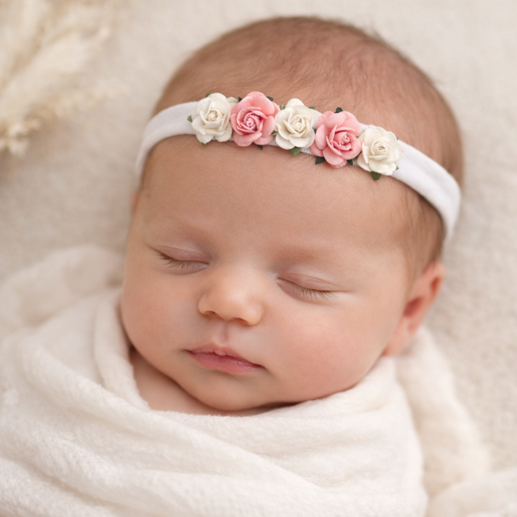 White and Pink Rose Baby Headband