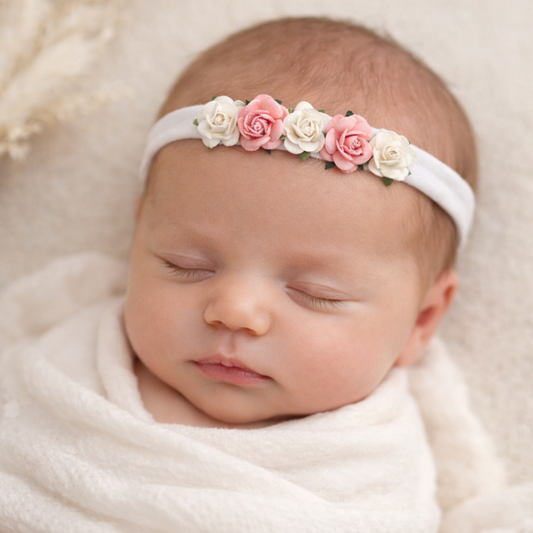 White and Pink Rose Baby Headband