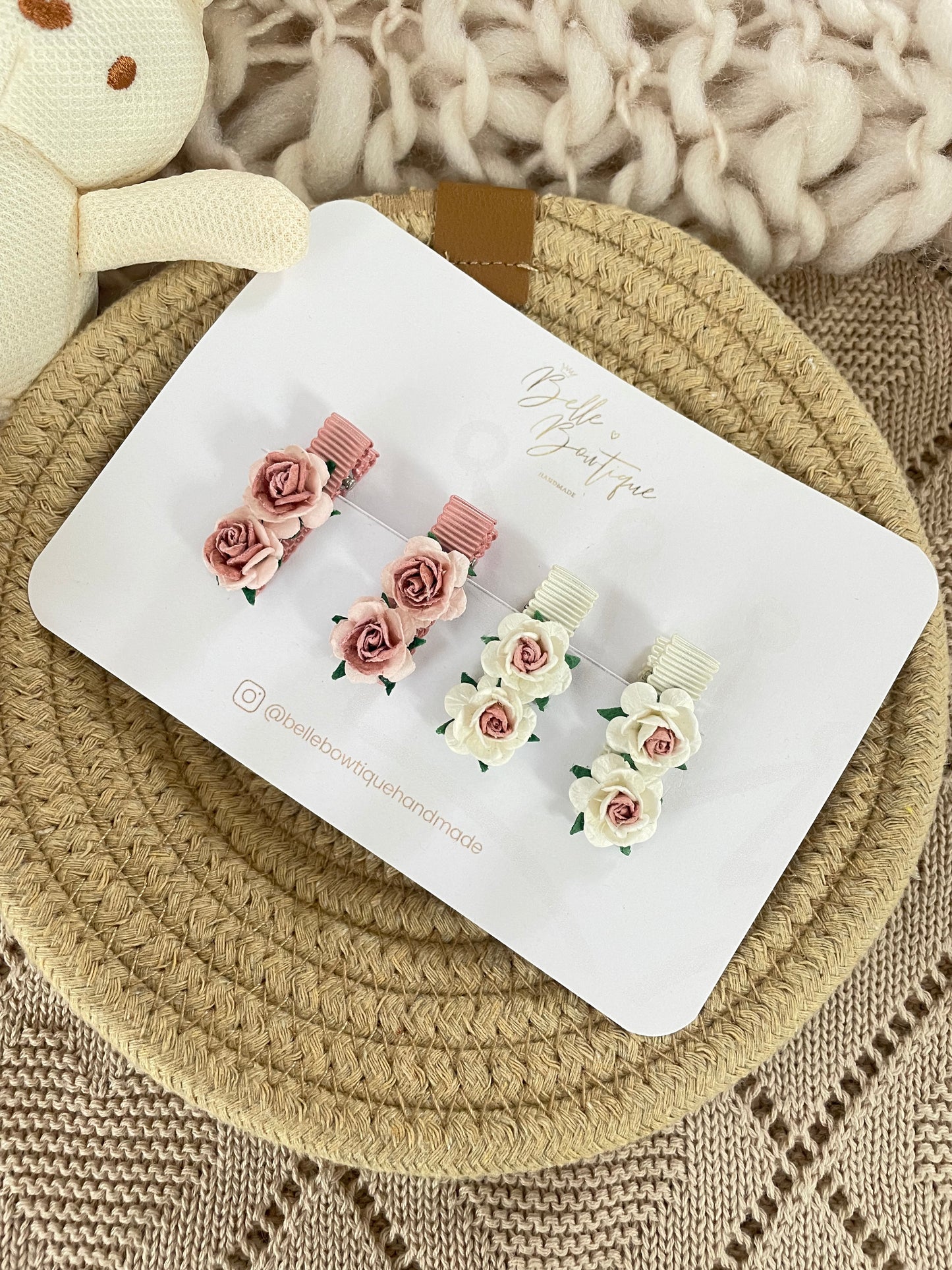 Rose Flower Lined Clips Pink/Ivory