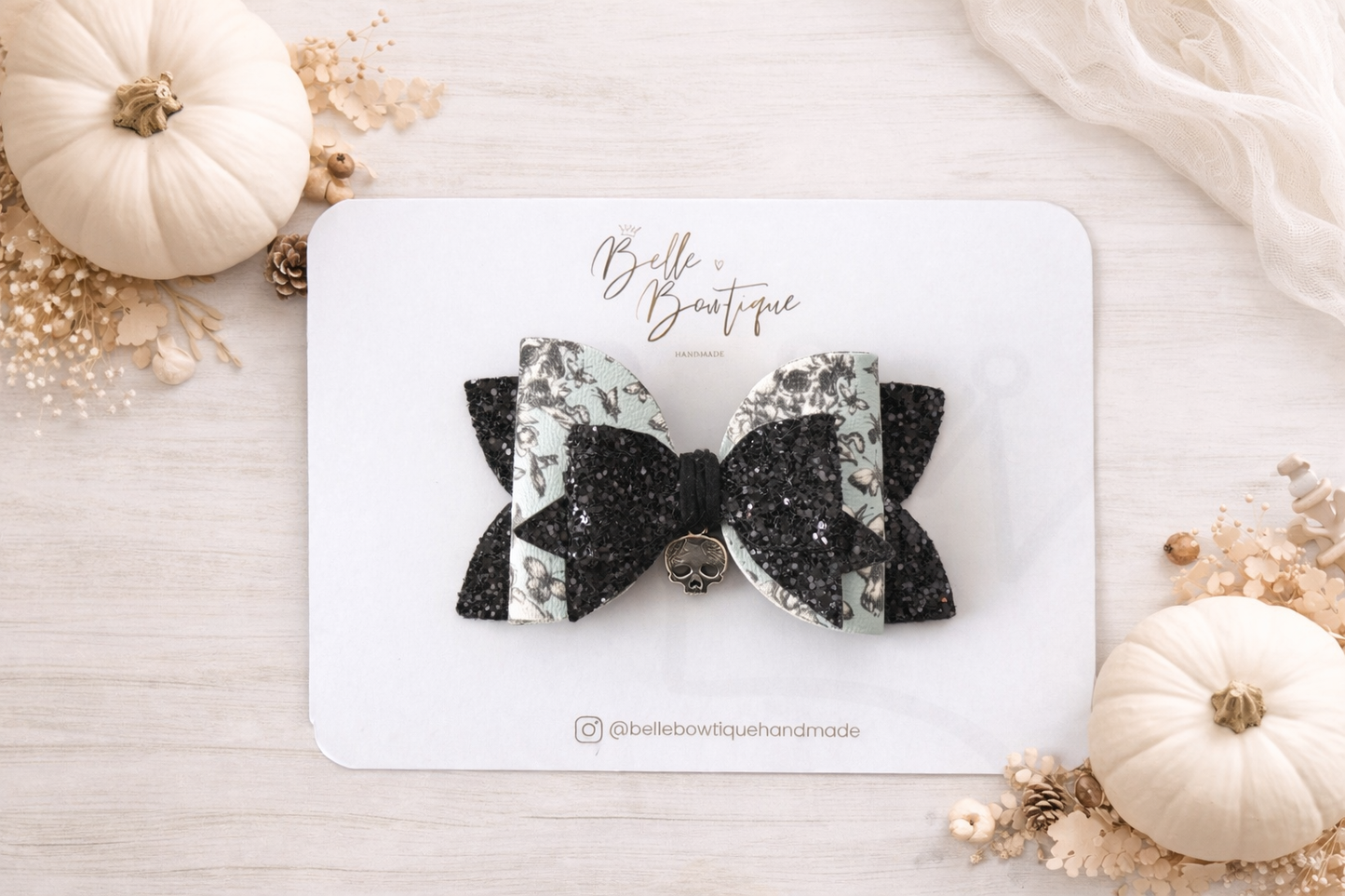 Black & Blue Halloween Bow Clip– Skull Print Bow with Charm