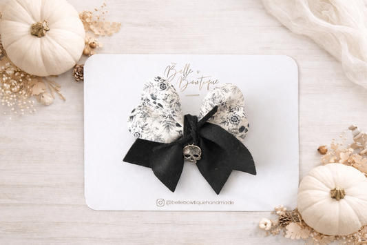Black & White Halloween Bow Clip– Skull Print Bow with Charm