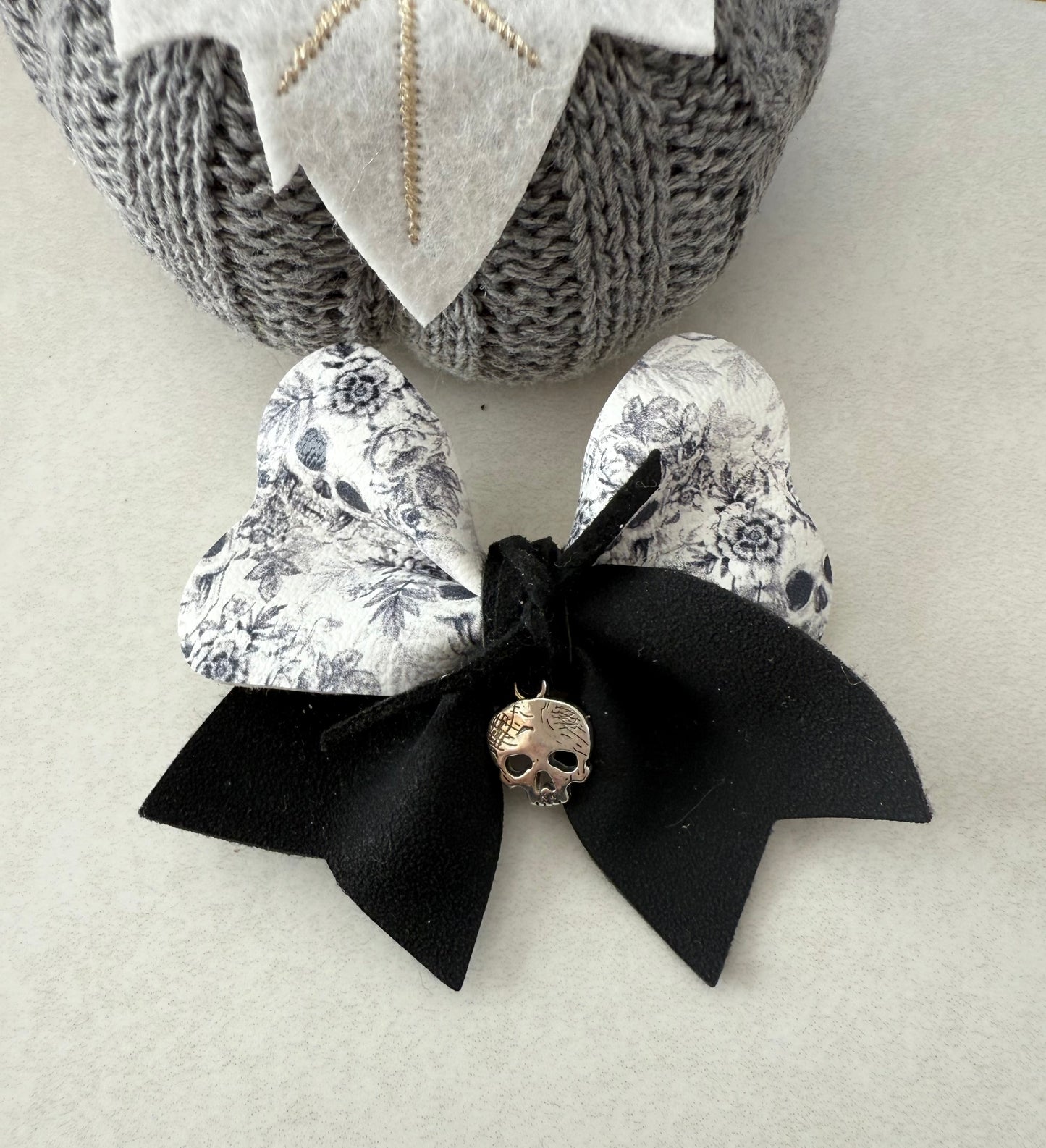 Black & White Halloween Bow Clip– Skull Print Bow with Charm