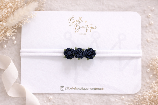 White & Navy Trio of Roses Headband