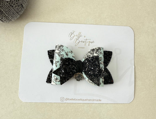 Black & Blue Halloween Bow Clip– Skull Print Bow with Charm