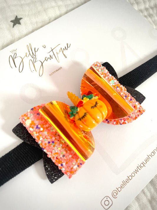 Halloween Sleepy Pumpkin Glitter Bow Headband