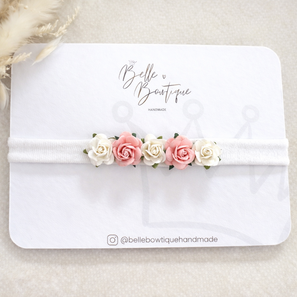 White and Pink Rose Baby Headband