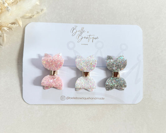 Trio Mini Hair Bows in Glitter White Pink Grey - 1.5 Inch