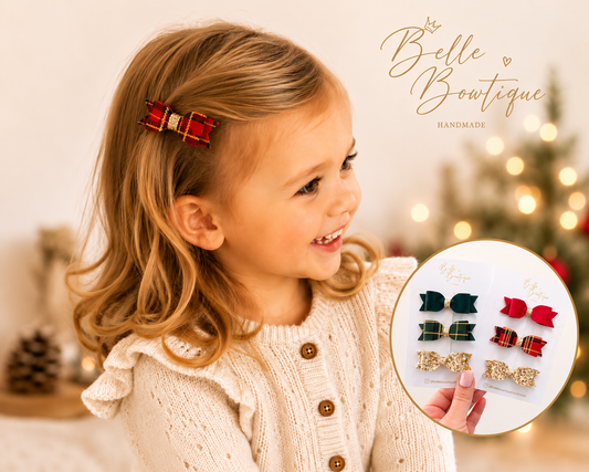 Handmade Christmas Hair Clip Set | Red or Green, Gold Glitter and Tartan Mini Bows