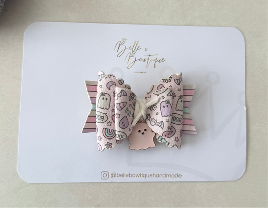 Purple and Pink Halloween Hair Bow – Cute Ghost Print Bow with Matching Ghost Charm