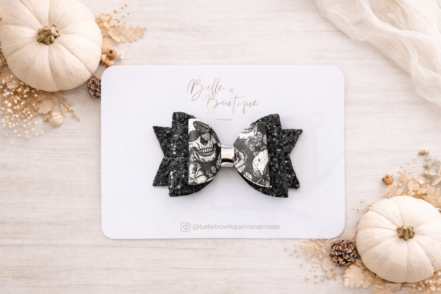 Black & White Halloween Hair Bow – Skull Print Bow with Black Chunky Glitter