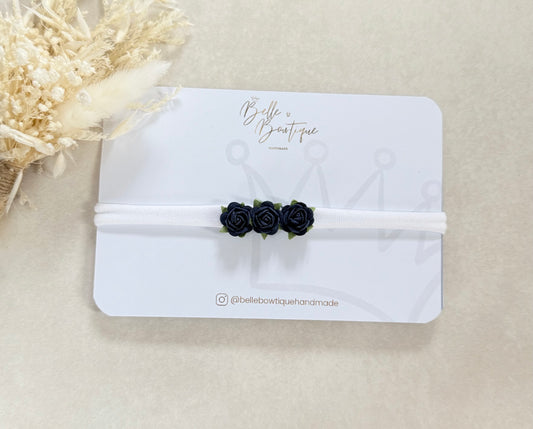 White & Navy Trio of Roses Headband