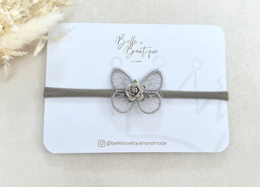 Grey Butterfly Baby Headband with Rose Flower
