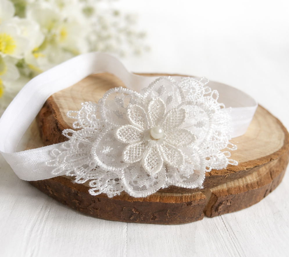 Baby Christening Headband Lace Flower with Pearl