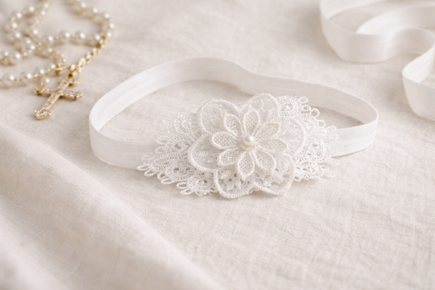 Baby Christening Headband Lace Flower with Pearl