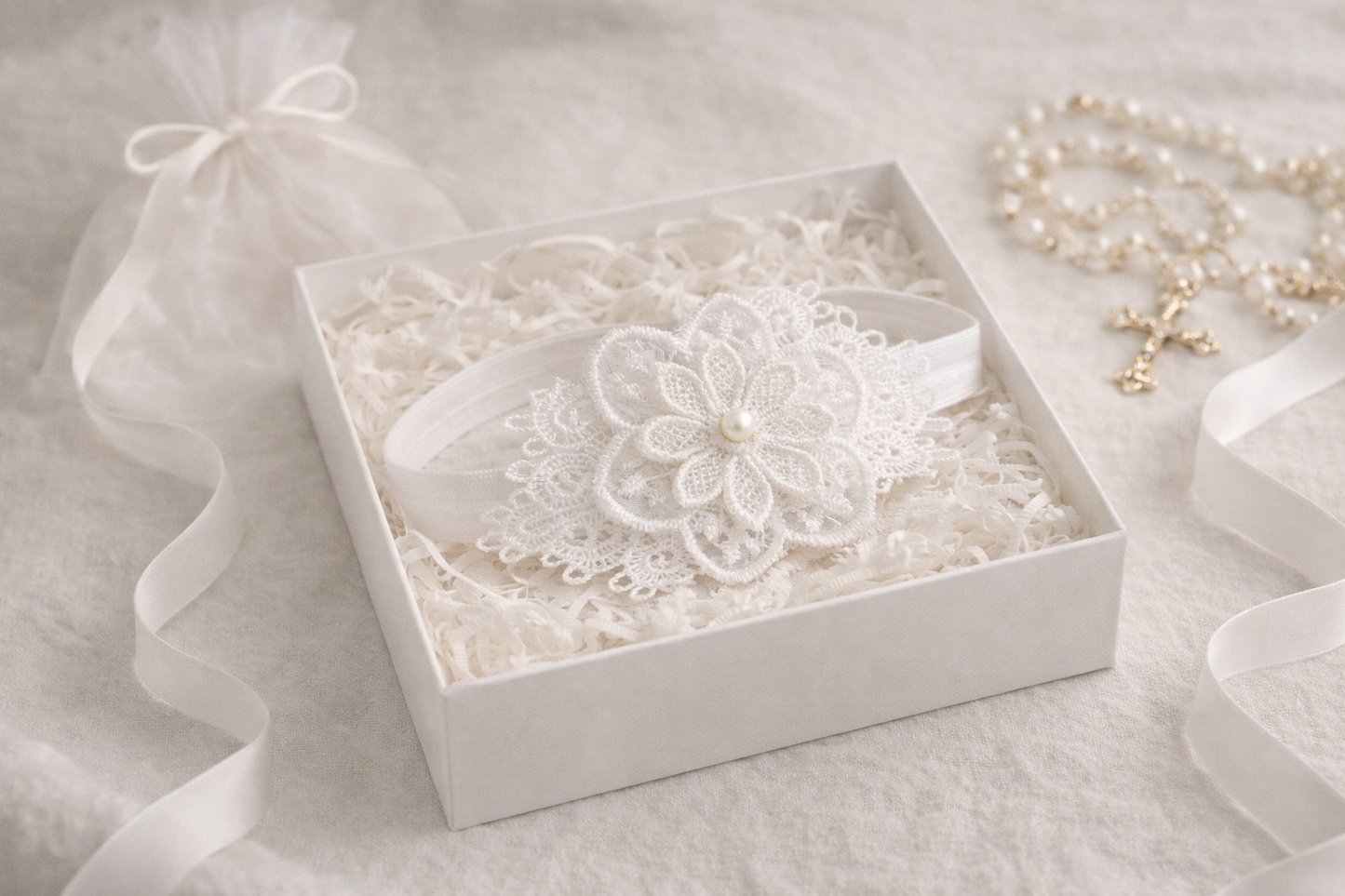 Baby Christening Headband Lace Flower with Pearl