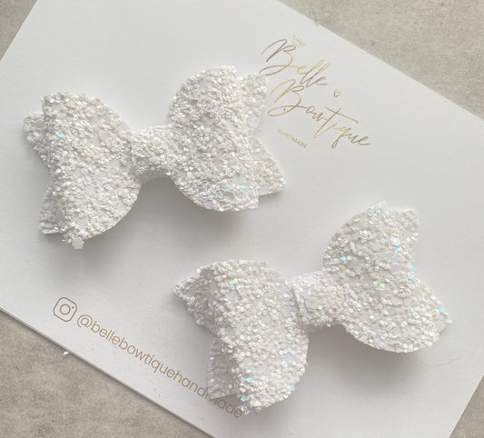 Girls Hair Clip | White Bow Clip | Pair of Clips | Girls Bow Clips | Piggies Bows | White Bow Glitter Clip | Birthday Gift | Toddler Clips